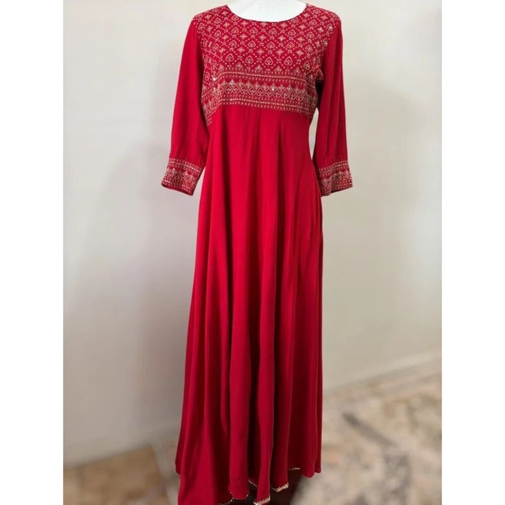Cotton Hthrang NWT Red Gold Embroidered Maxi Dress Scarf Dupatta M